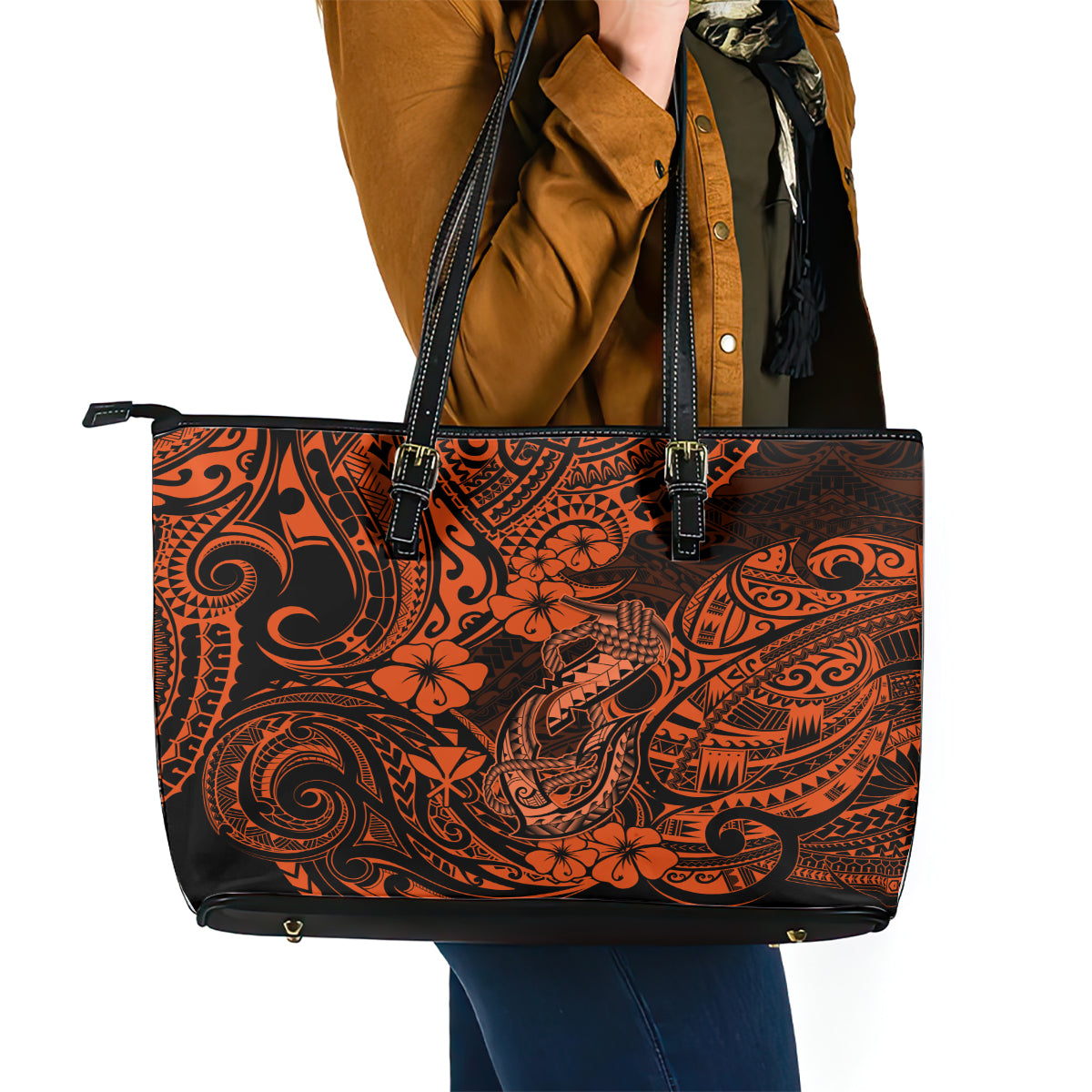 Hawaii Fish Hook Leather Tote Bag Polynesian Pattern Orange Version - Wonder Print Shop