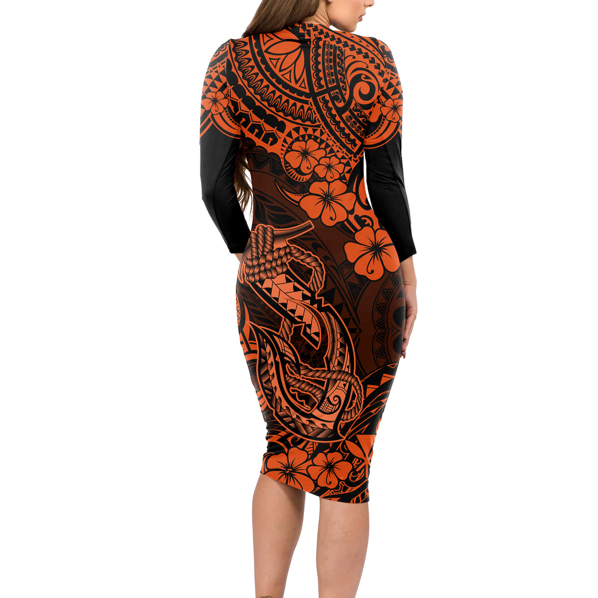 Hawaii Fish Hook Long Sleeve Bodycon Dress Polynesian Pattern Orange Version - Wonder Print Shop