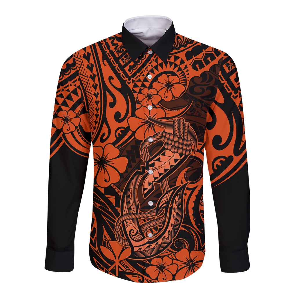 Hawaii Fish Hook Long Sleeve Button Shirt Polynesian Pattern Orange Version - Wonder Print Shop