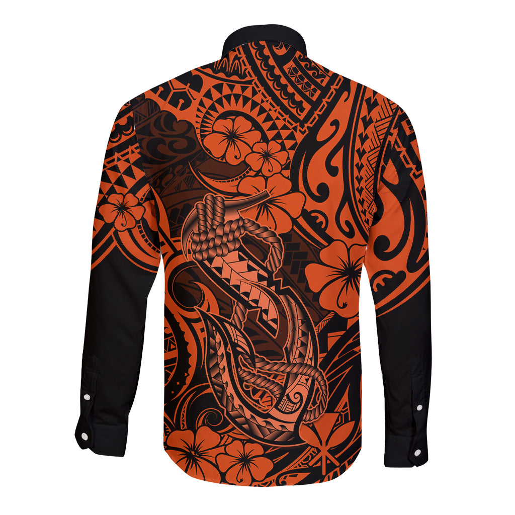 Hawaii Fish Hook Long Sleeve Button Shirt Polynesian Pattern Orange Version - Wonder Print Shop