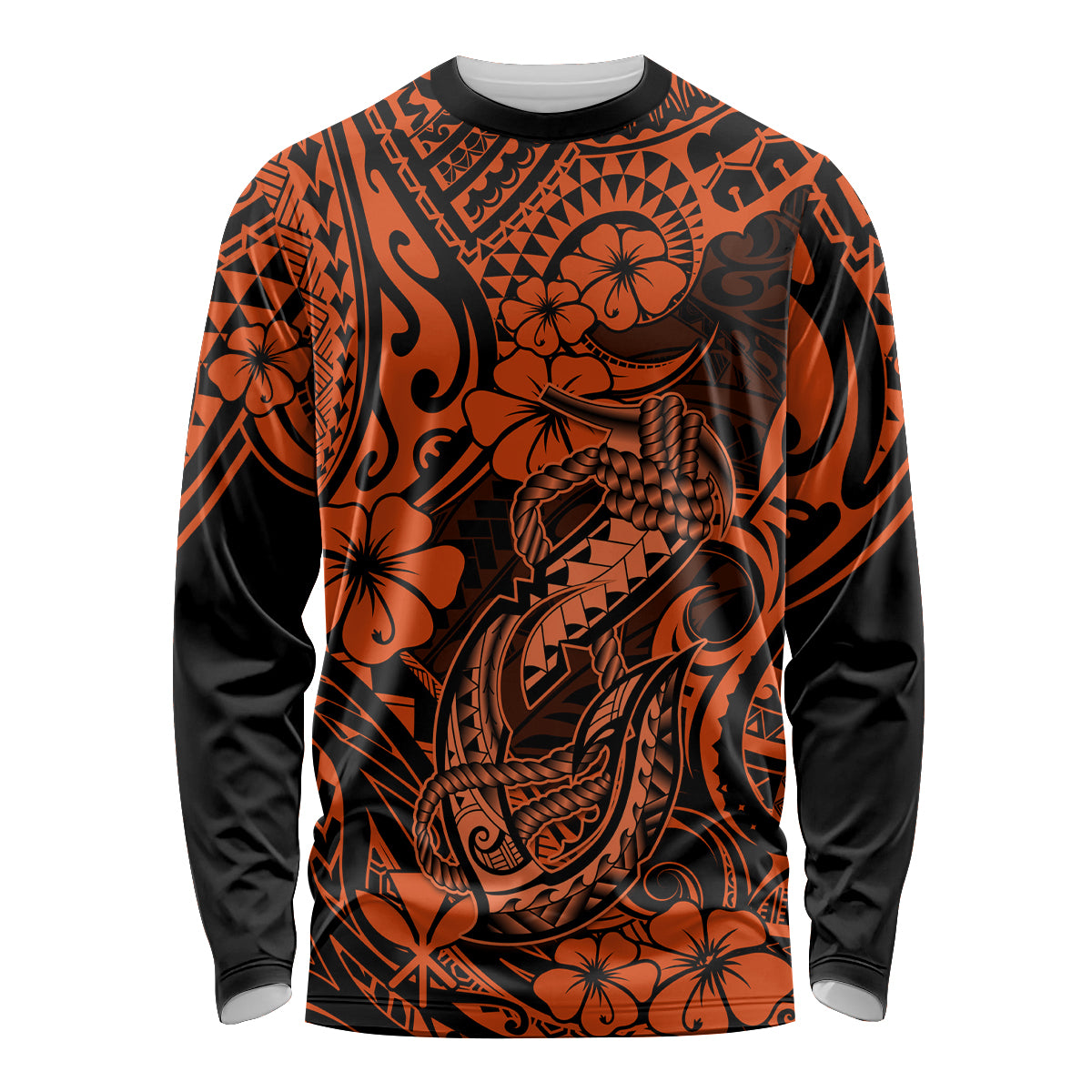 Hawaii Fish Hook Long Sleeve Shirt Polynesian Pattern Orange Version - Wonder Print Shop