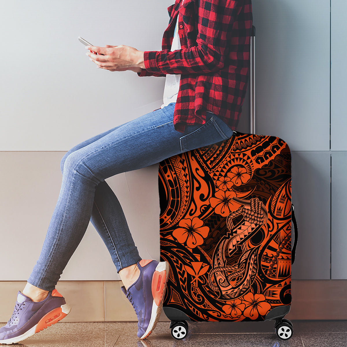 Hawaii Fish Hook Luggage Cover Polynesian Pattern Orange Version - Wonder Print Shop