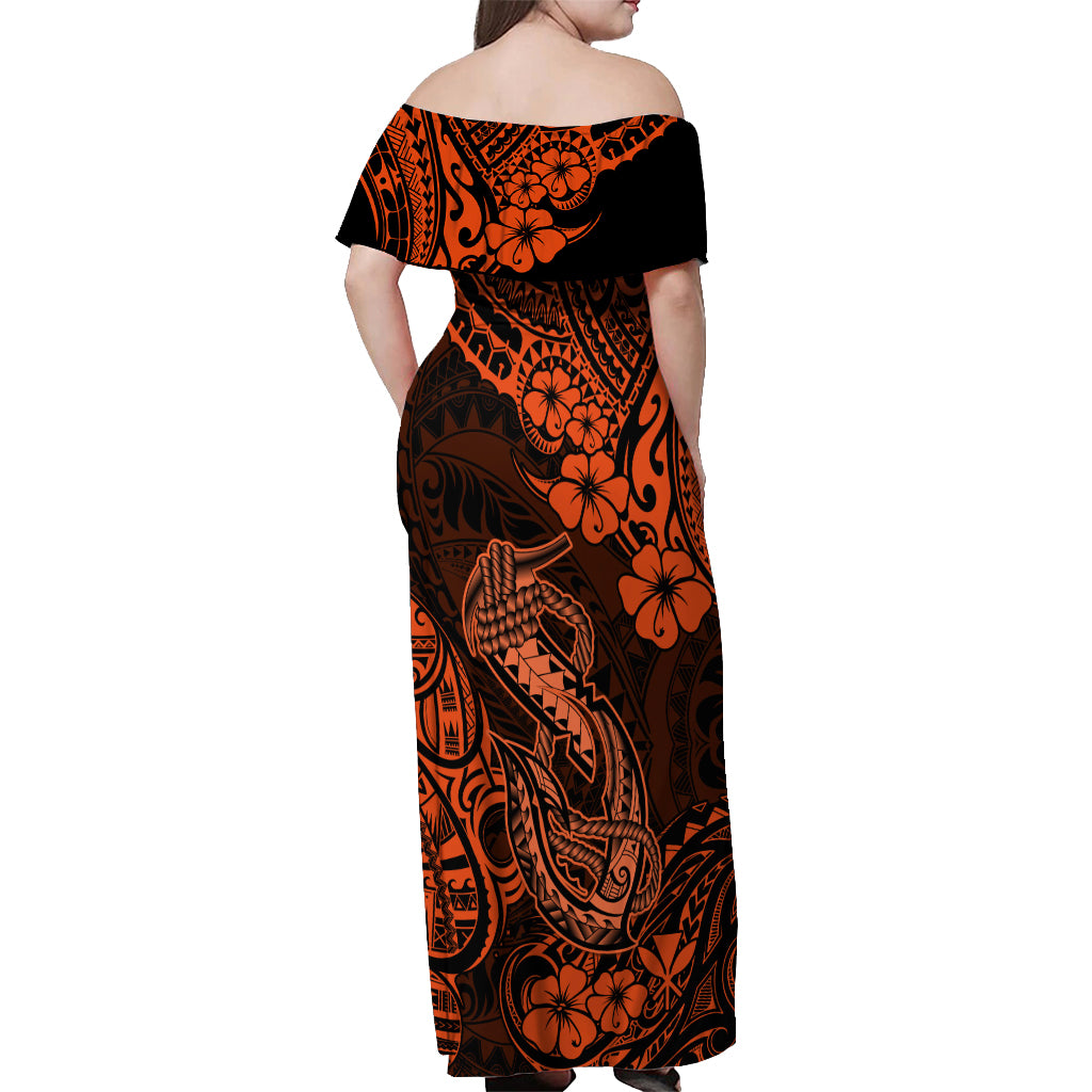Hawaii Fish Hook Off Shoulder Maxi Dress Polynesian Pattern Orange Version - Wonder Print Shop