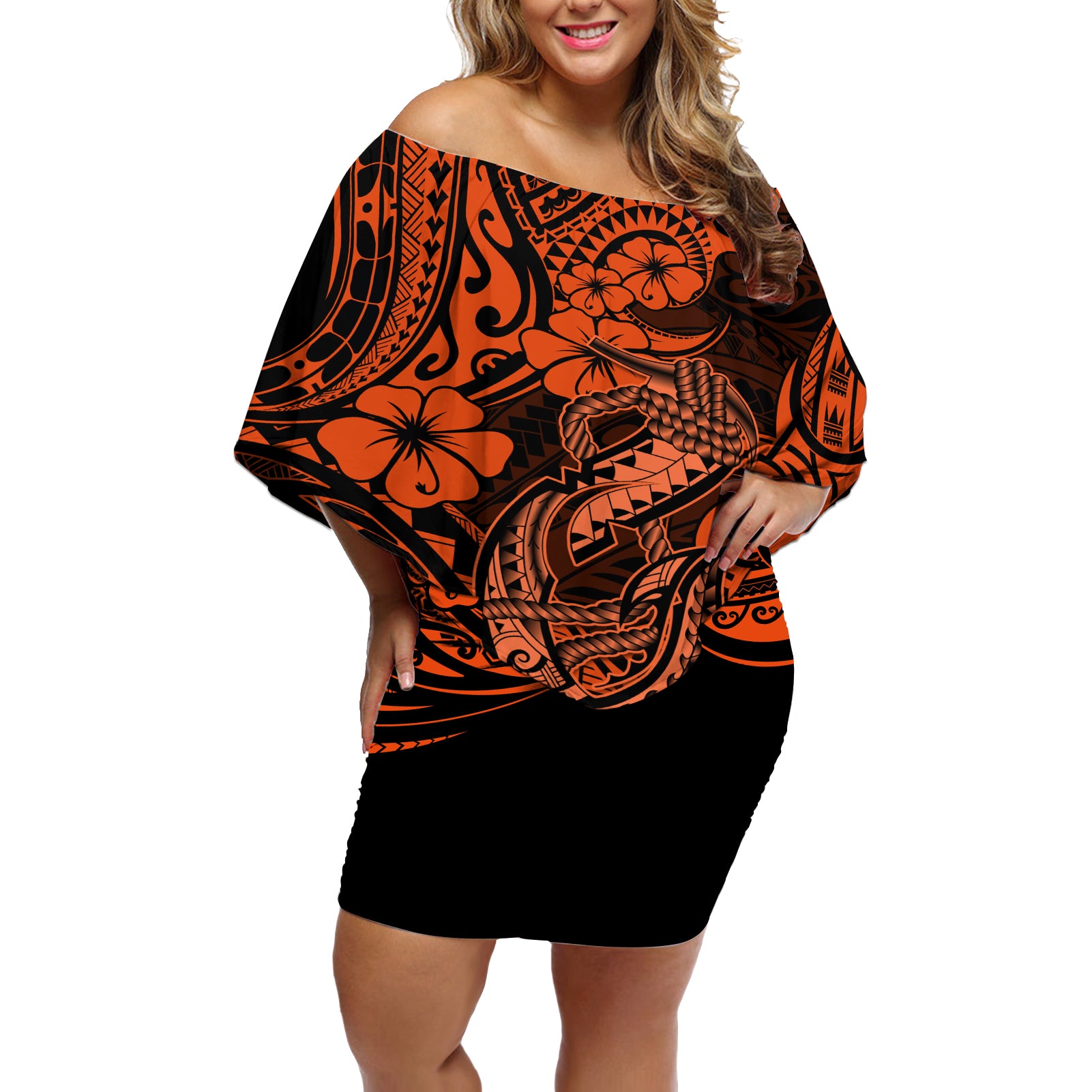 Hawaii Fish Hook Off Shoulder Short Dress Polynesian Pattern Orange Version - Wonder Print Shop