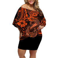Hawaii Fish Hook Off Shoulder Short Dress Polynesian Pattern Orange Version - Wonder Print Shop