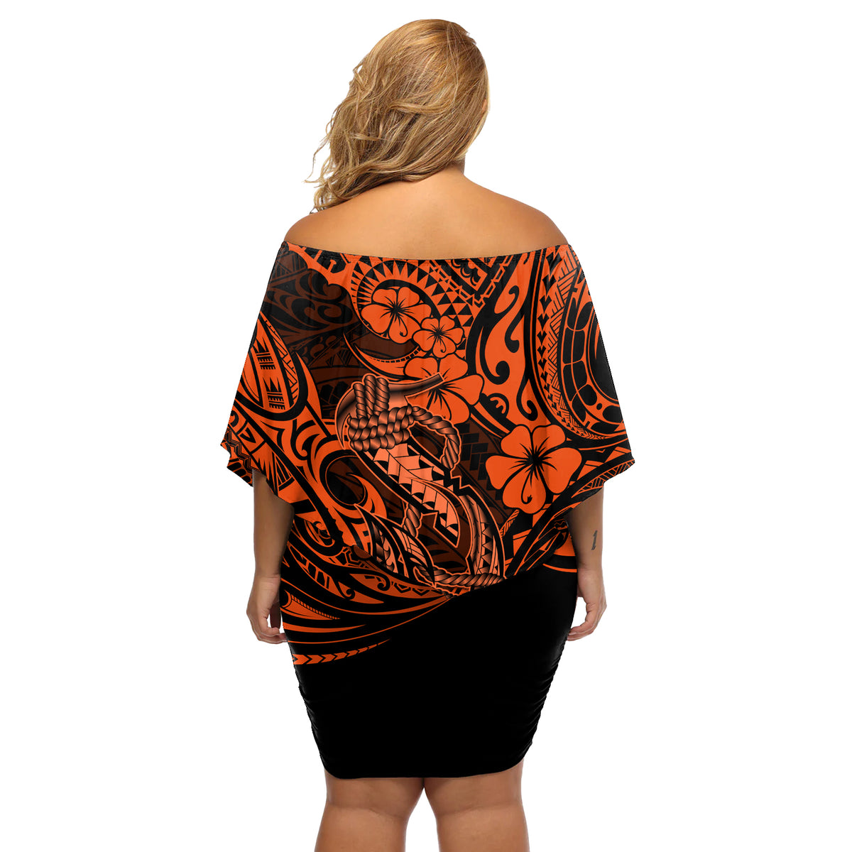 Hawaii Fish Hook Off Shoulder Short Dress Polynesian Pattern Orange Version - Wonder Print Shop