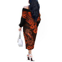 Hawaii Fish Hook Off The Shoulder Long Sleeve Dress Polynesian Pattern Orange Version - Wonder Print Shop