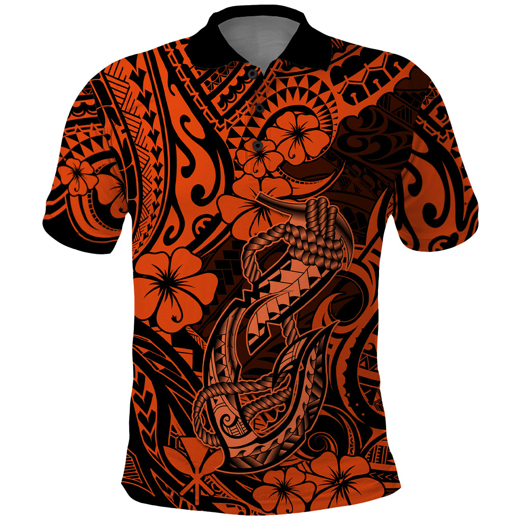 Hawaii Fish Hook Polo Shirt Polynesian Pattern Orange Version - Wonder Print Shop