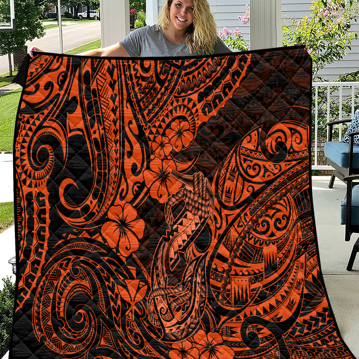 Hawaii Fish Hook Quilt Polynesian Pattern Orange Version - Wonder Print Shop