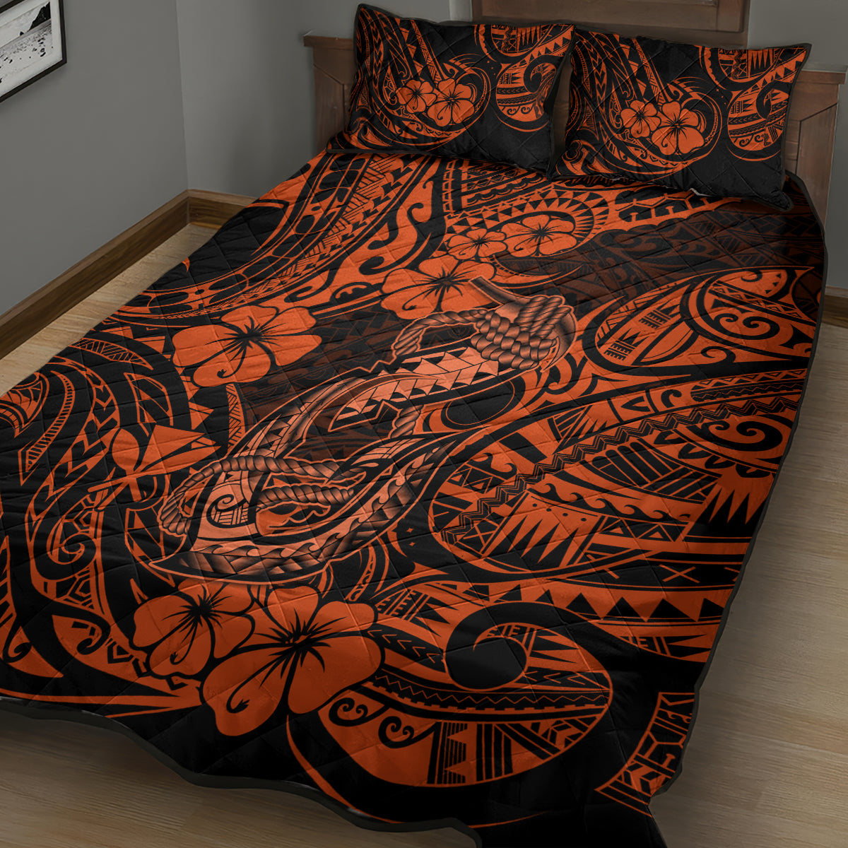Hawaii Fish Hook Quilt Bed Set Polynesian Pattern Orange Version - Wonder Print Shop