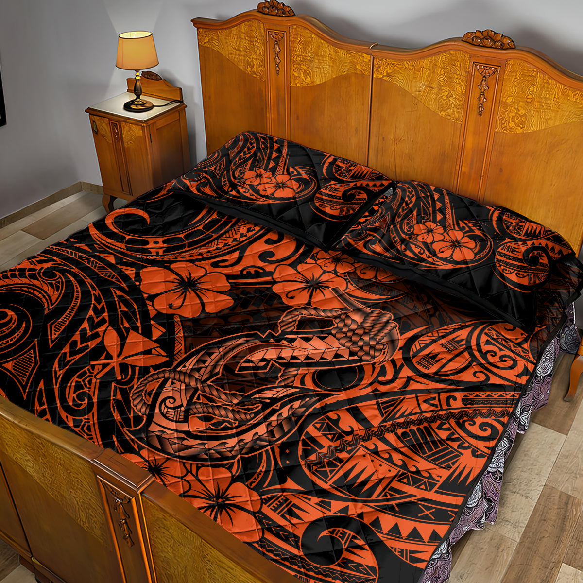 Hawaii Fish Hook Quilt Bed Set Polynesian Pattern Orange Version - Wonder Print Shop