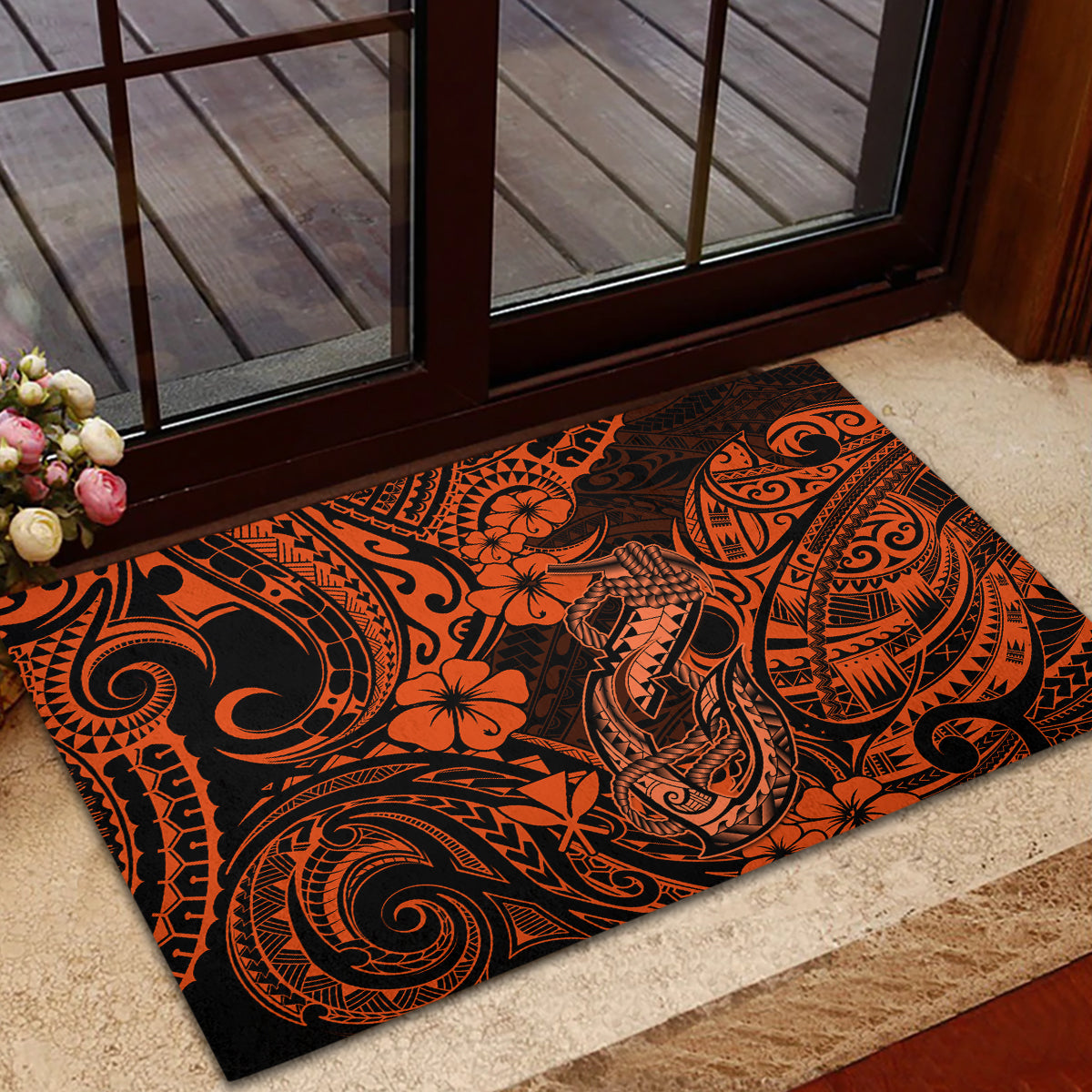 Hawaii Fish Hook Rubber Doormat Polynesian Pattern Orange Version - Wonder Print Shop