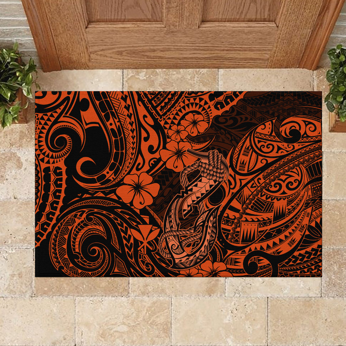 Hawaii Fish Hook Rubber Doormat Polynesian Pattern Orange Version - Wonder Print Shop