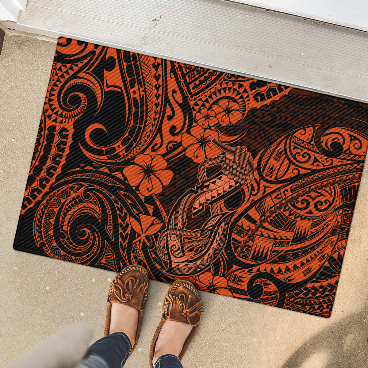 Hawaii Fish Hook Rubber Doormat Polynesian Pattern Orange Version - Wonder Print Shop