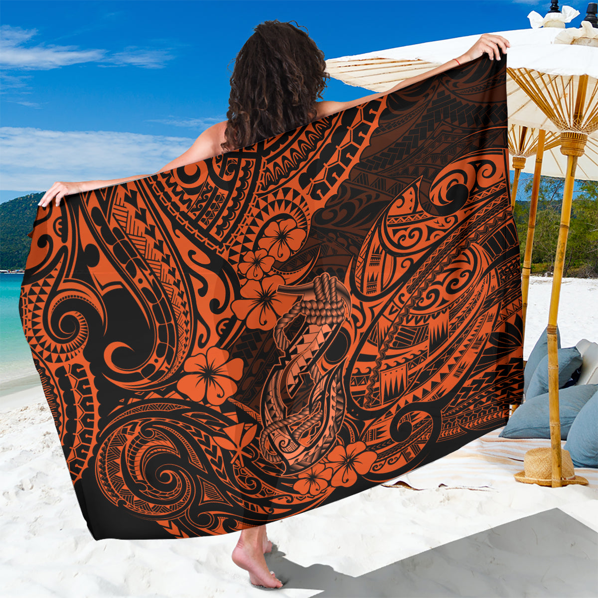Hawaii Fish Hook Sarong Polynesian Pattern Orange Version - Wonder Print Shop