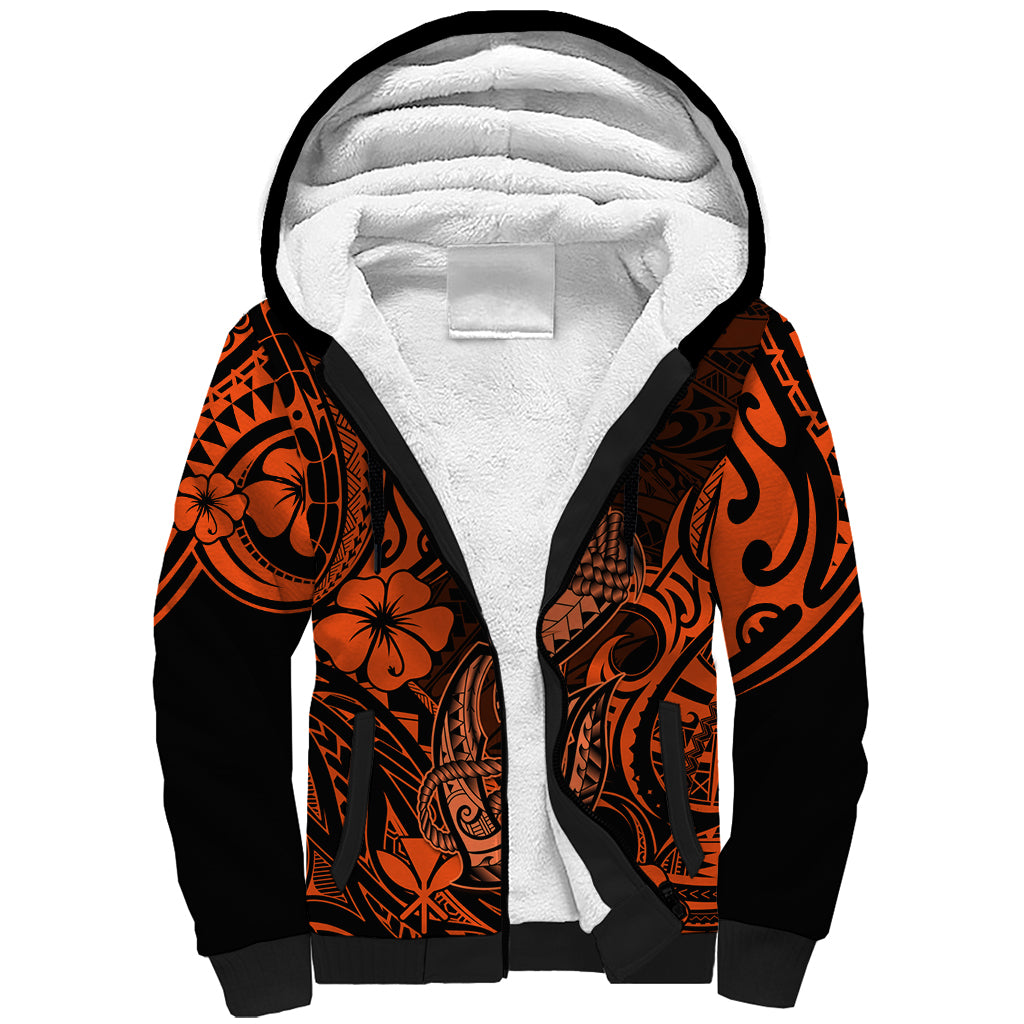 Hawaii Fish Hook Sherpa Hoodie Polynesian Pattern Orange Version - Wonder Print Shop