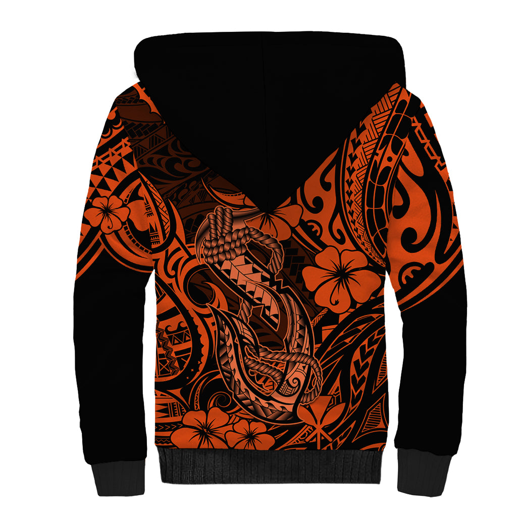 Hawaii Fish Hook Sherpa Hoodie Polynesian Pattern Orange Version - Wonder Print Shop