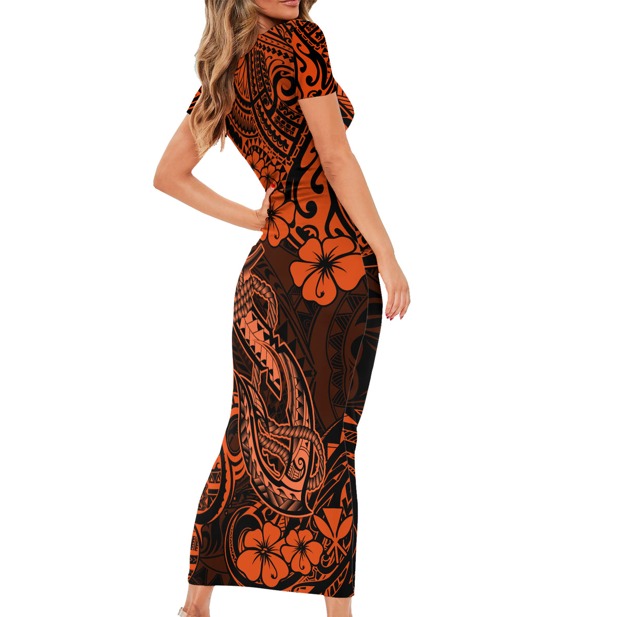 Hawaii Fish Hook Short Sleeve Bodycon Dress Polynesian Pattern Orange Version - Wonder Print Shop