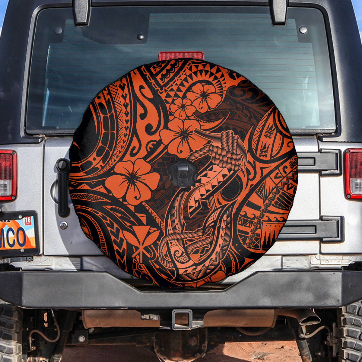 Hawaii Fish Hook Spare Tire Cover Polynesian Pattern Orange Version - Wonder Print Shop