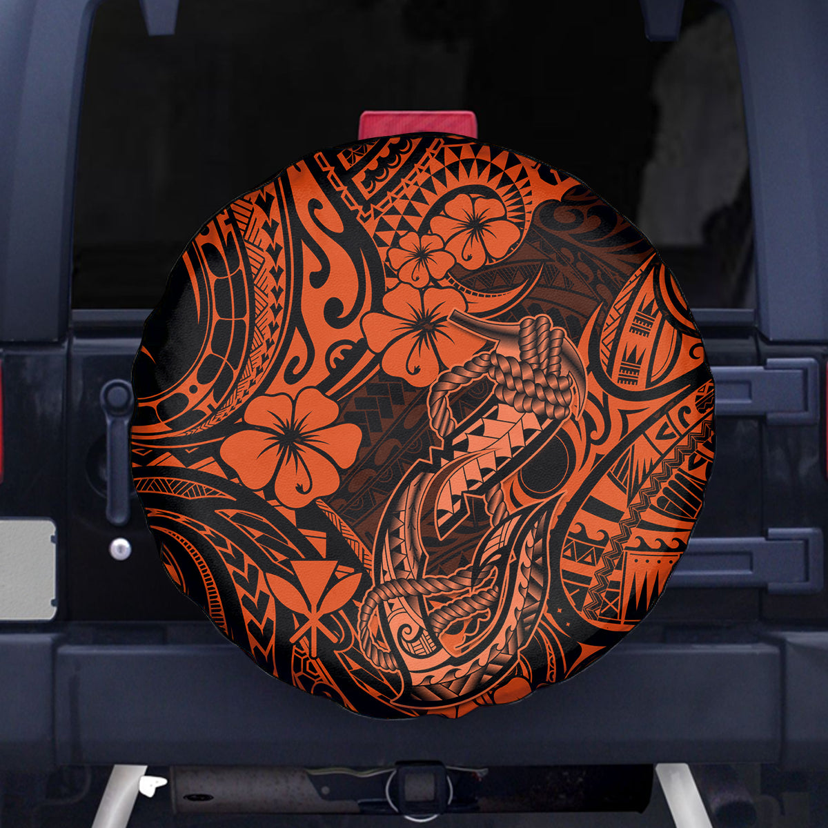 Hawaii Fish Hook Spare Tire Cover Polynesian Pattern Orange Version - Wonder Print Shop