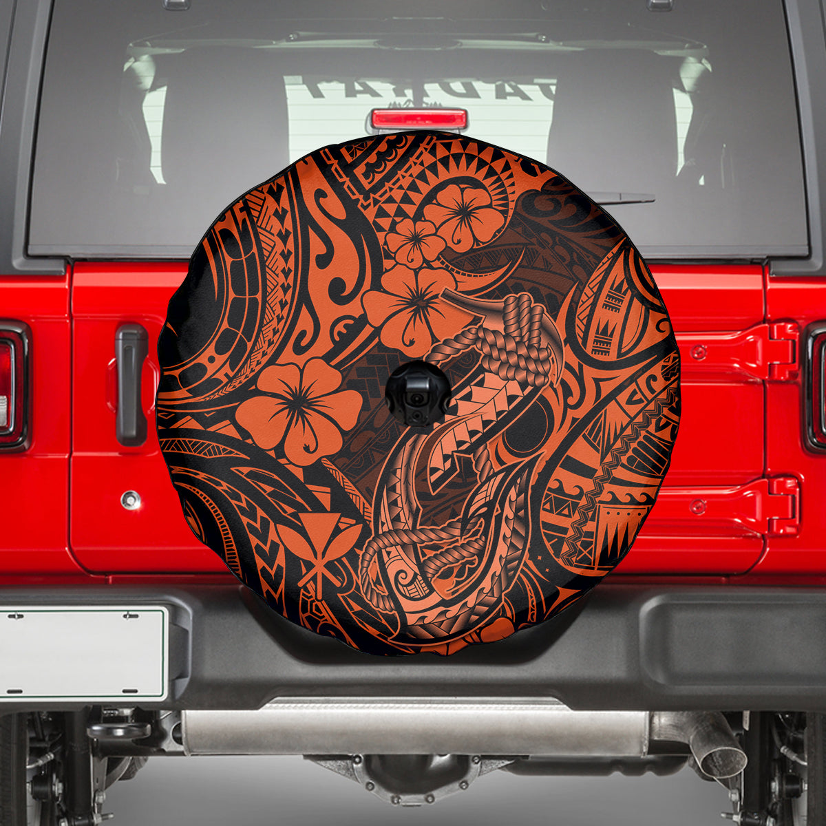 Hawaii Fish Hook Spare Tire Cover Polynesian Pattern Orange Version - Wonder Print Shop