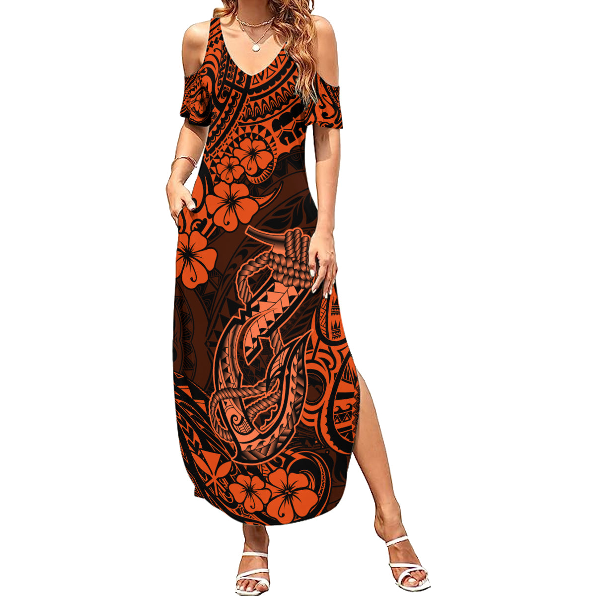 Hawaii Fish Hook Summer Maxi Dress Polynesian Pattern Orange Version - Wonder Print Shop