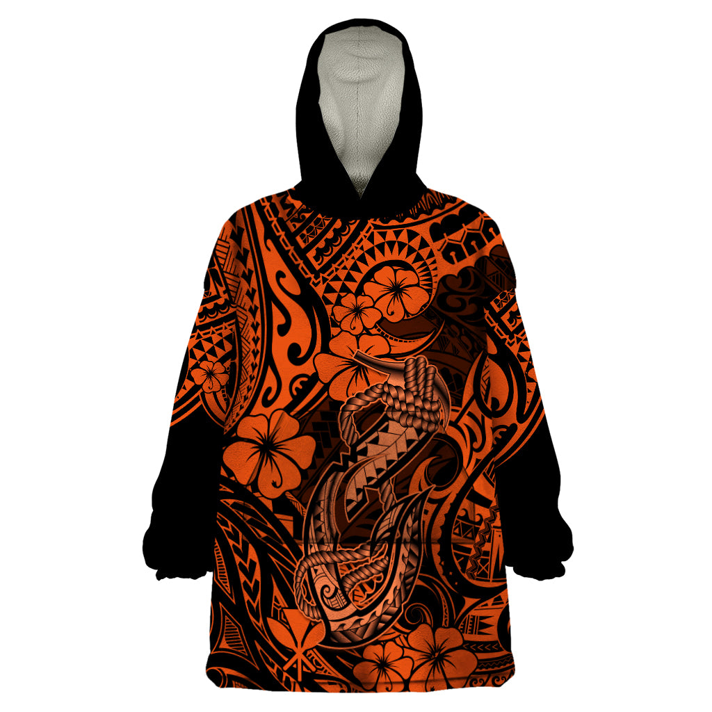 Hawaii Fish Hook Wearable Blanket Hoodie Polynesian Pattern Orange Version - Wonder Print Shop