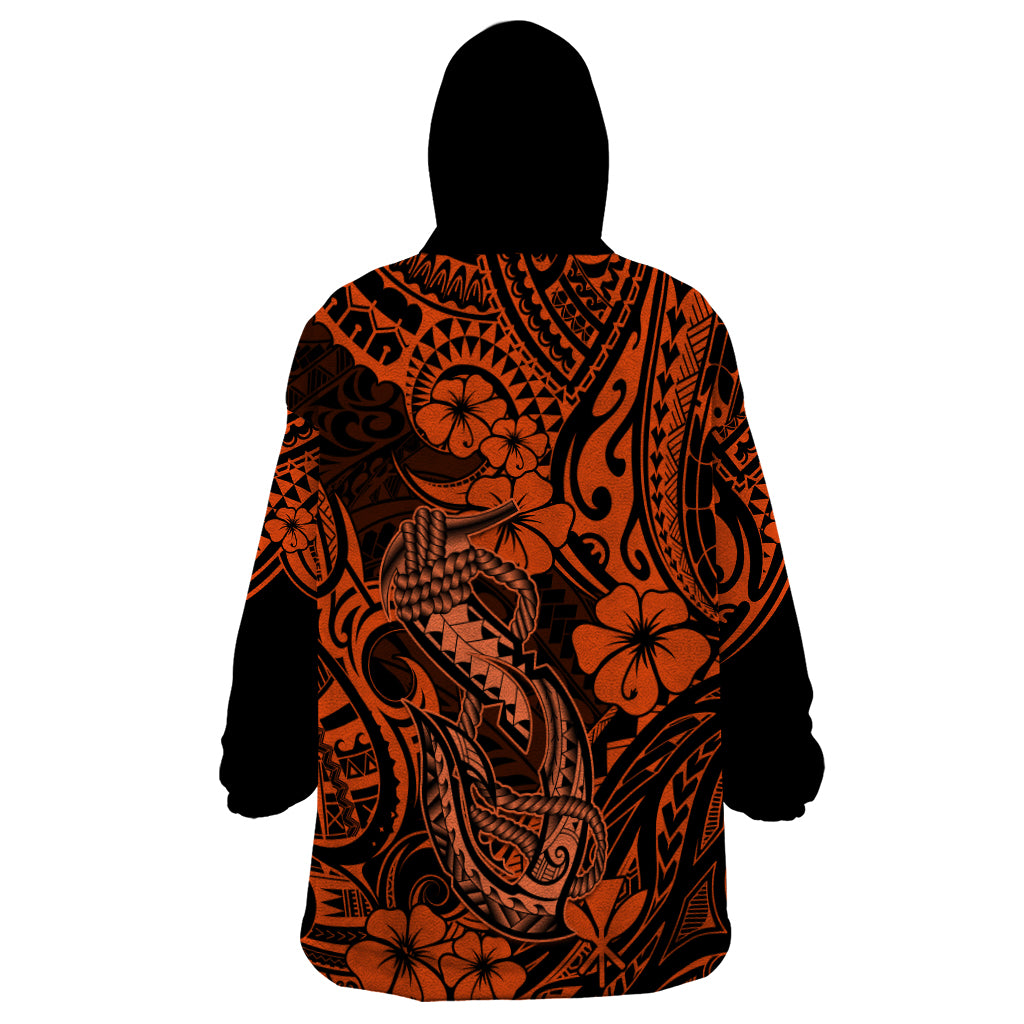 Hawaii Fish Hook Wearable Blanket Hoodie Polynesian Pattern Orange Version - Wonder Print Shop