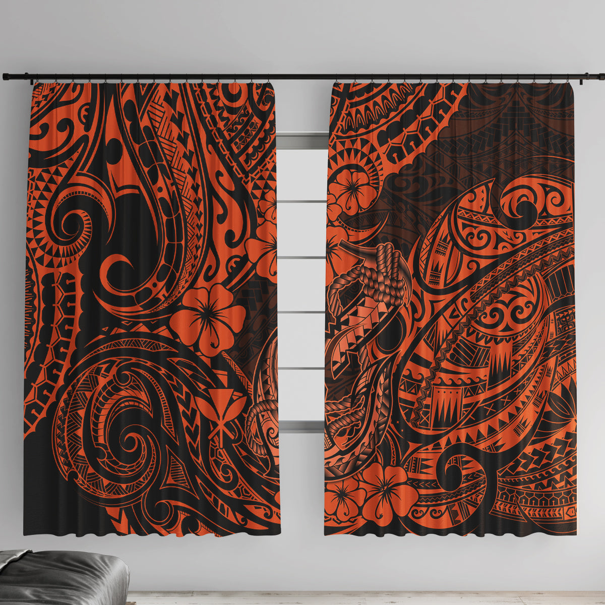 Hawaii Fish Hook Window Curtain Polynesian Pattern Orange Version - Wonder Print Shop