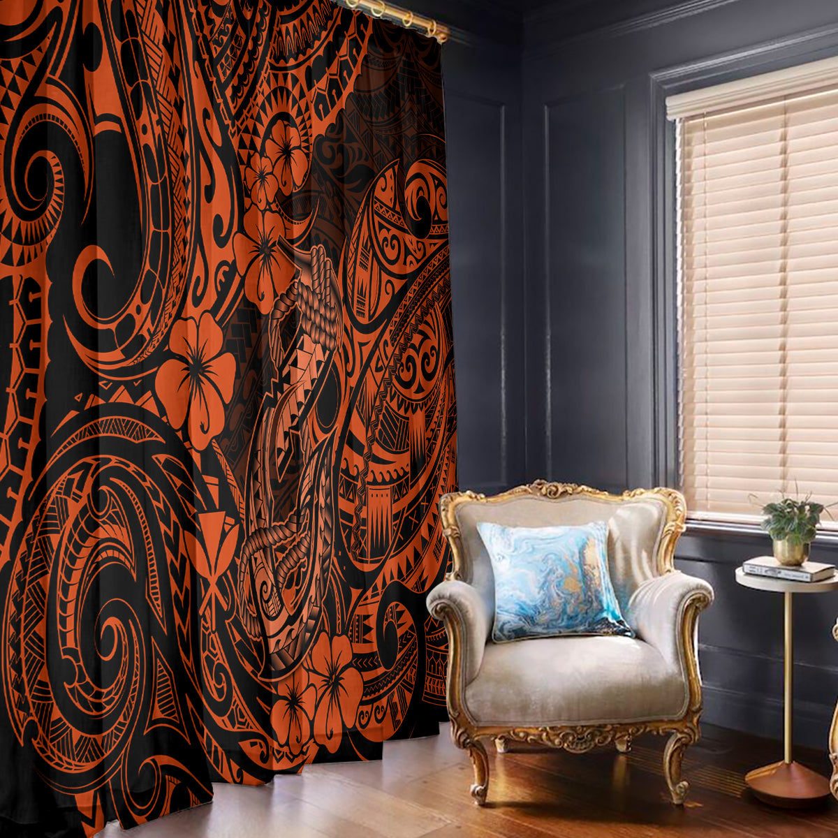 Hawaii Fish Hook Window Curtain Polynesian Pattern Orange Version - Wonder Print Shop