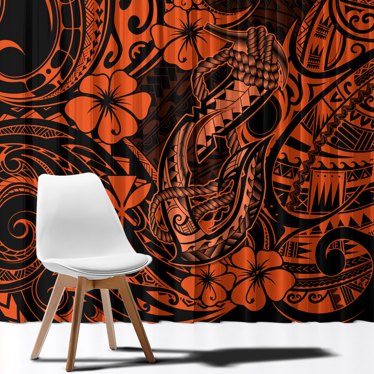 Hawaii Fish Hook Window Curtain Polynesian Pattern Orange Version - Wonder Print Shop