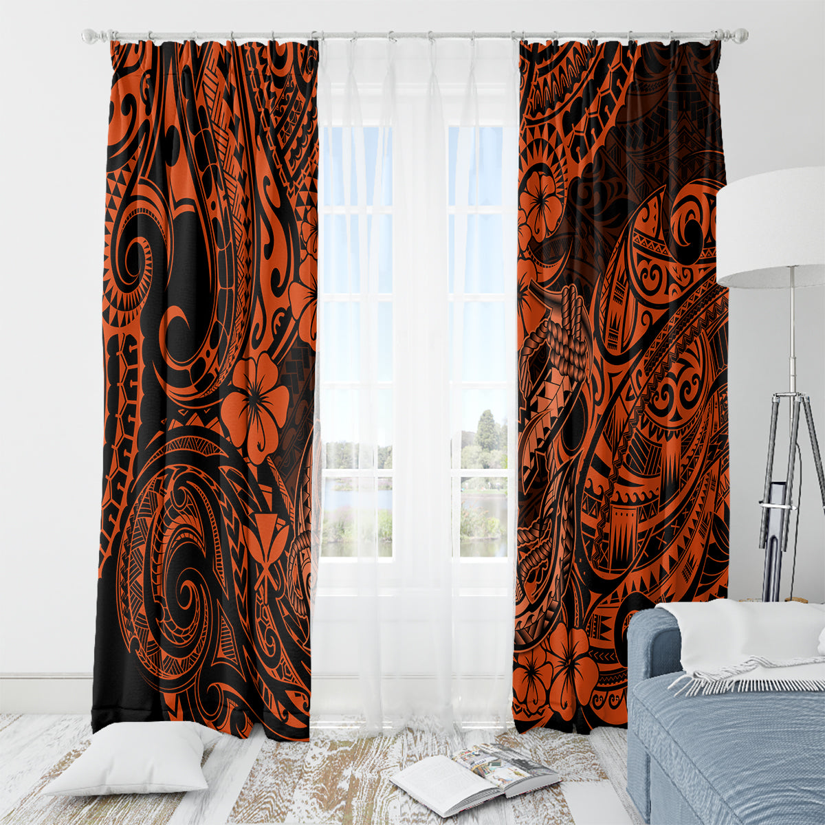 Hawaii Fish Hook Window Curtain Polynesian Pattern Orange Version - Wonder Print Shop