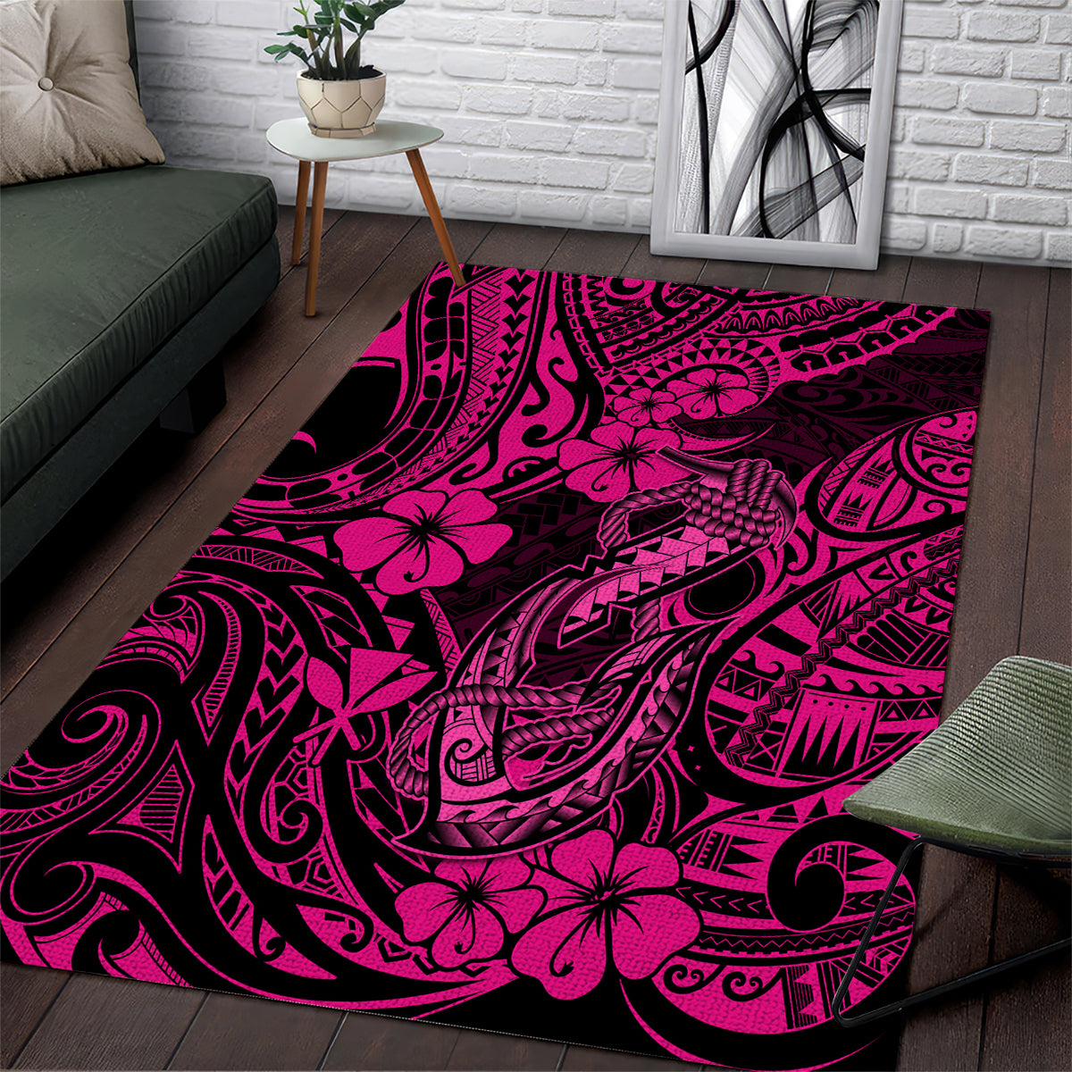 Hawaii Fish Hook Area Rug Hibiscus Hawaii Tribal Tattoo Pink Version - Wonder Print Shop