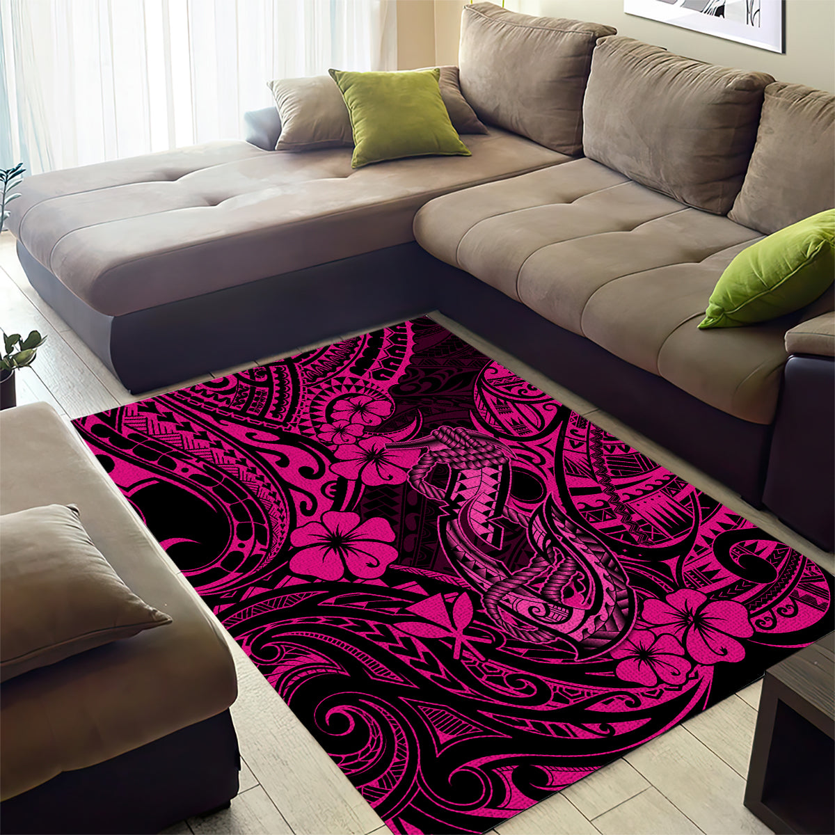 Hawaii Fish Hook Area Rug Hibiscus Hawaii Tribal Tattoo Pink Version - Wonder Print Shop