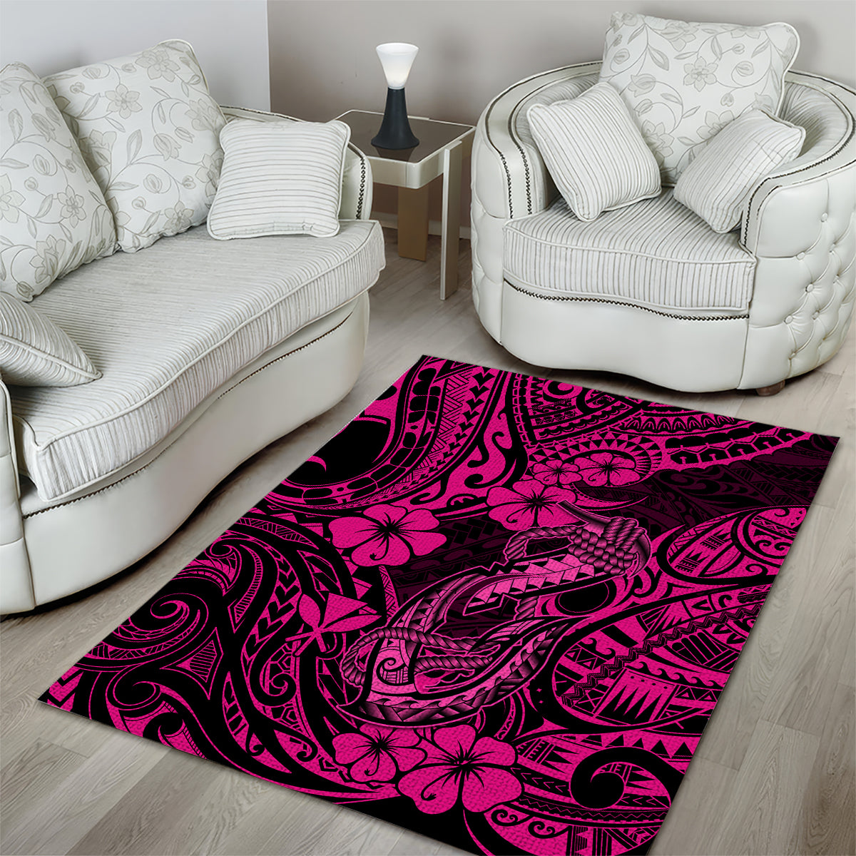 Hawaii Fish Hook Area Rug Hibiscus Hawaii Tribal Tattoo Pink Version - Wonder Print Shop