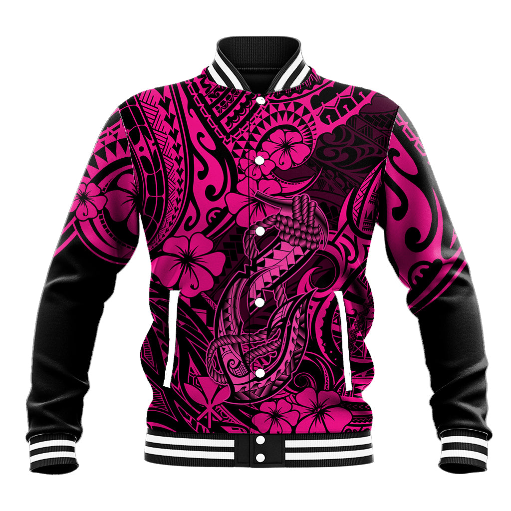 Hawaii Fish Hook Baseball Jacket Hibiscus Hawaii Tribal Tattoo Pink Version - Wonder Print Shop