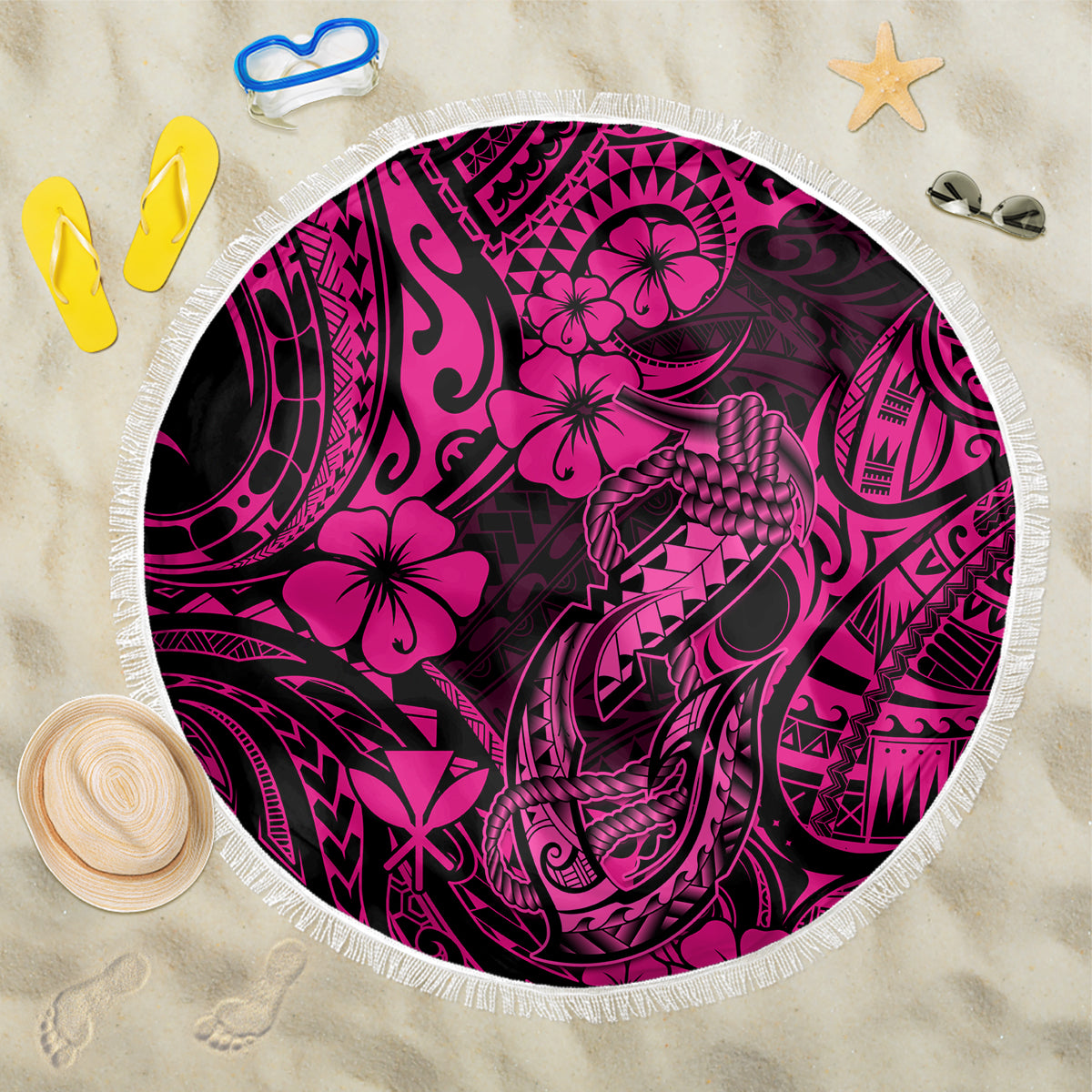 Hawaii Fish Hook Beach Blanket Hibiscus Hawaii Tribal Tattoo Pink Version - Wonder Print Shop