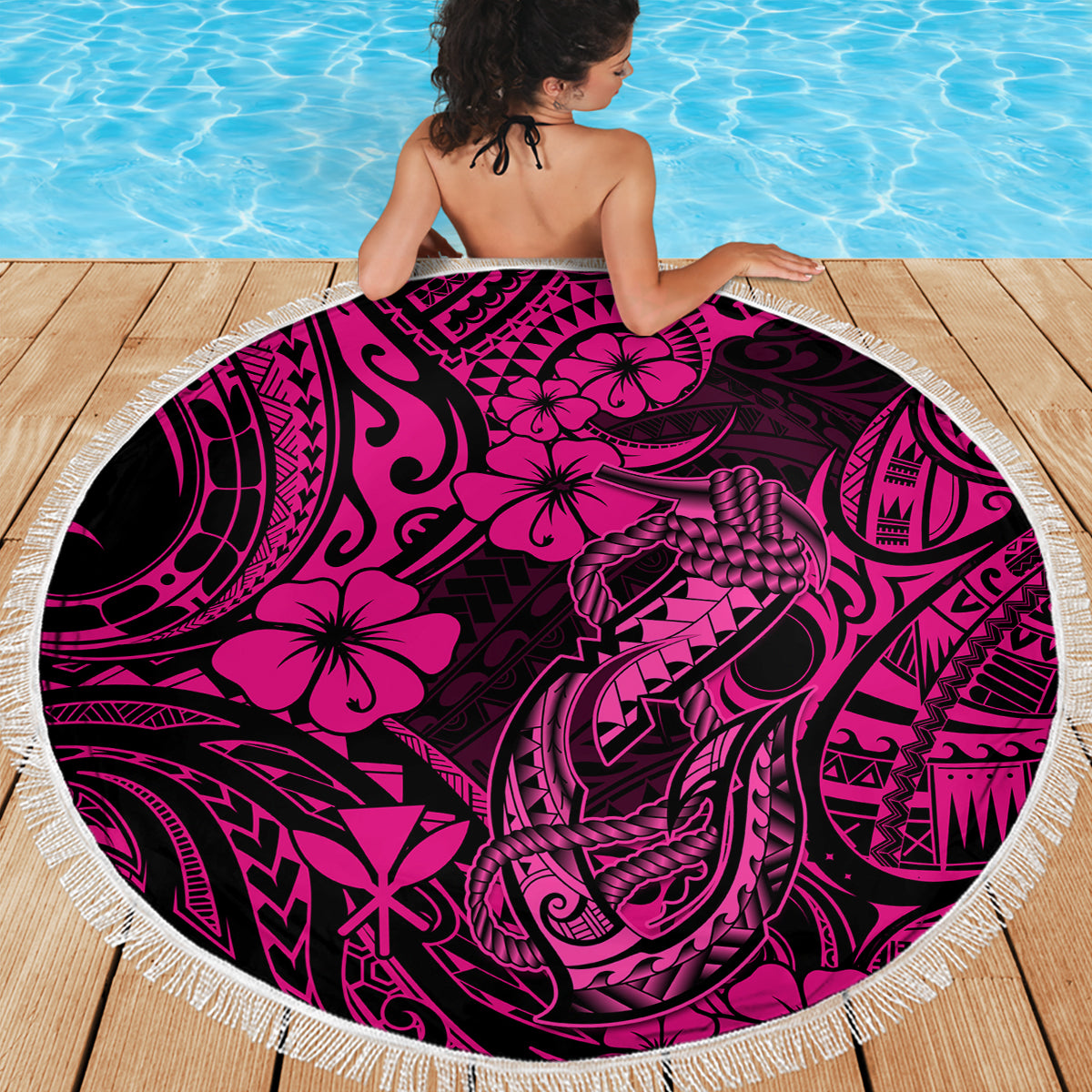 Hawaii Fish Hook Beach Blanket Hibiscus Hawaii Tribal Tattoo Pink Version - Wonder Print Shop