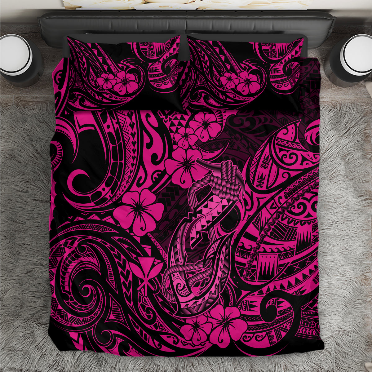 Hawaii Fish Hook Bedding Set Hibiscus Hawaii Tribal Tattoo Pink Version - Wonder Print Shop