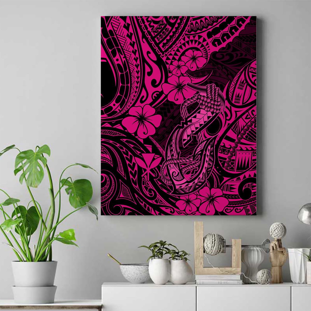 Hawaii Fish Hook Canvas Wall Art Hibiscus Hawaii Tribal Tattoo Pink Version - Wonder Print Shop