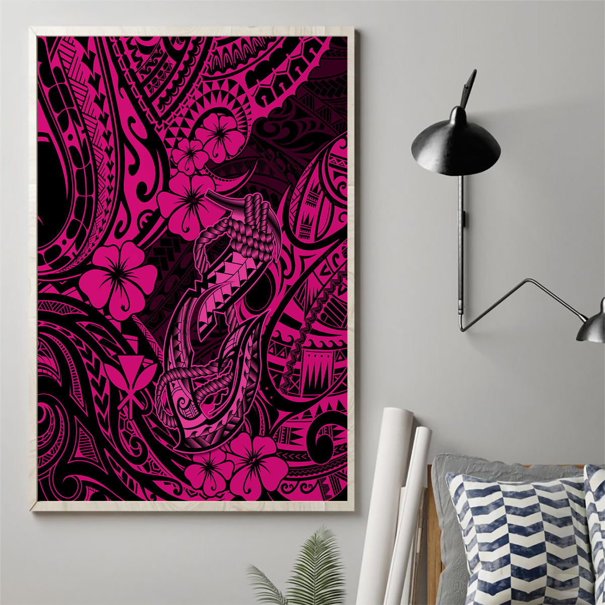 Hawaii Fish Hook Canvas Wall Art Hibiscus Hawaii Tribal Tattoo Pink Version - Wonder Print Shop