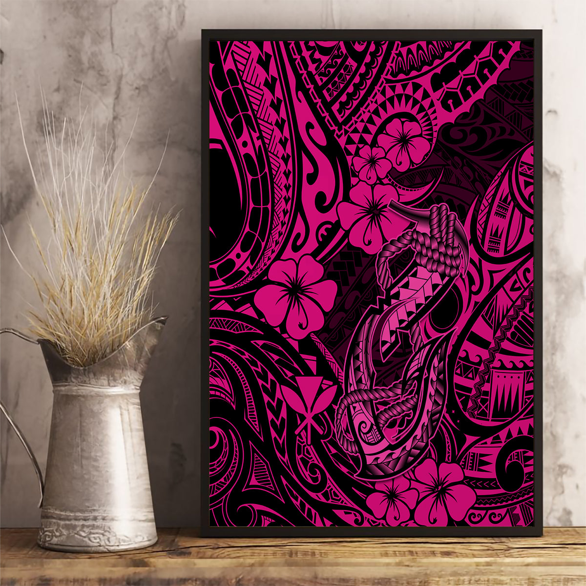 Hawaii Fish Hook Canvas Wall Art Hibiscus Hawaii Tribal Tattoo Pink Version - Wonder Print Shop