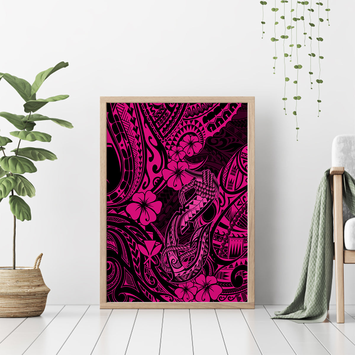 Hawaii Fish Hook Canvas Wall Art Hibiscus Hawaii Tribal Tattoo Pink Version - Wonder Print Shop