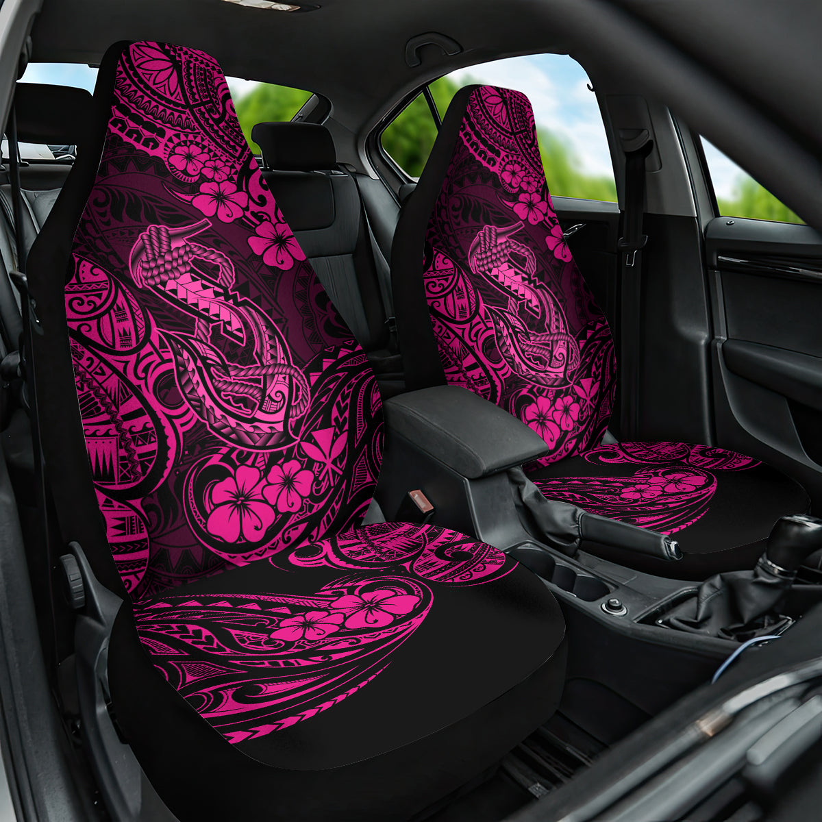 Hawaii Fish Hook Car Seat Cover Hibiscus Hawaii Tribal Tattoo Pink Version - Wonder Print Shop