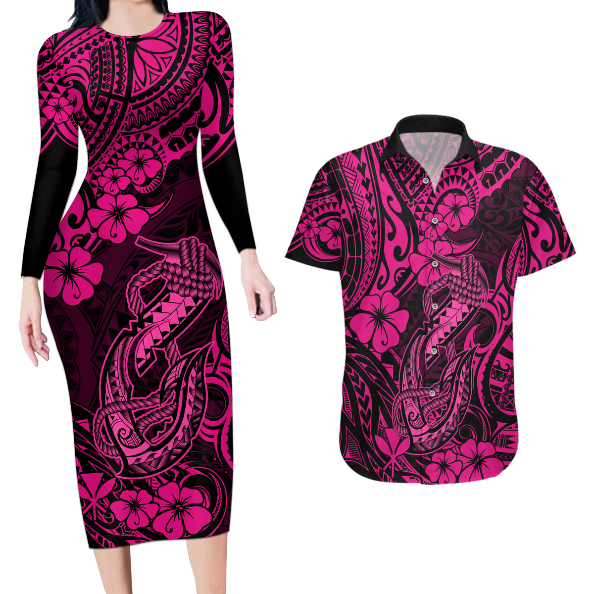Hawaii Fish Hook Couples Matching Long Sleeve Bodycon Dress and Hawaiian Shirt Hibiscus Hawaii Tribal Tattoo Pink Version - Wonder Print Shop