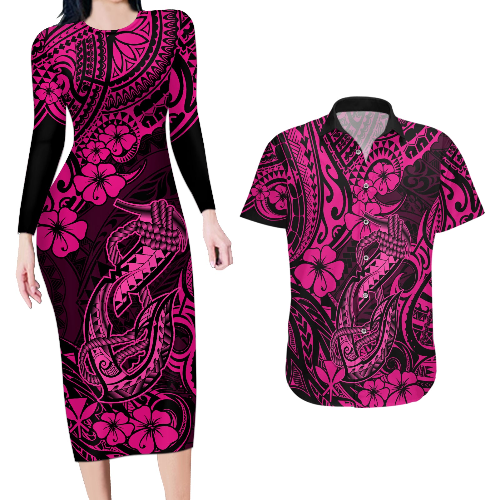 Hawaii Fish Hook Couples Matching Long Sleeve Bodycon Dress and Hawaiian Shirt Hibiscus Hawaii Tribal Tattoo Pink Version - Wonder Print Shop