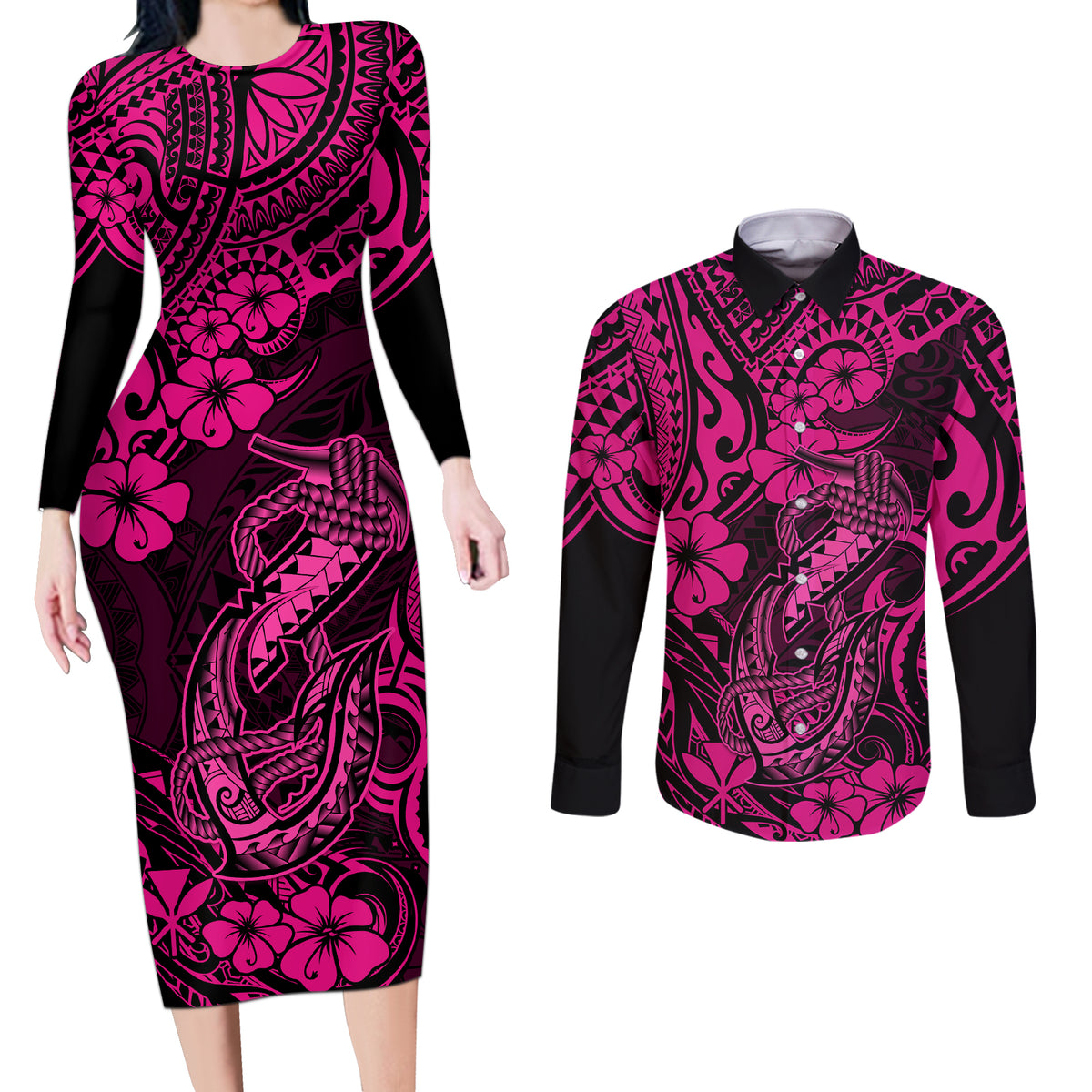 Hawaii Fish Hook Couples Matching Long Sleeve Bodycon Dress and Long Sleeve Button Shirts Hibiscus Hawaii Tribal Tattoo Pink Version - Wonder Print Shop