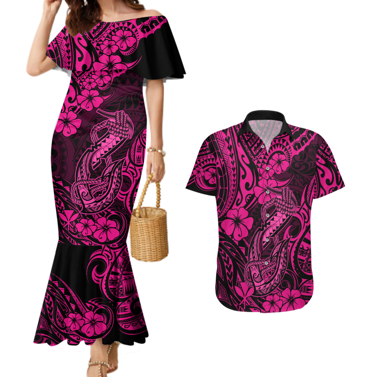Hawaii Fish Hook Couples Matching Mermaid Dress and Hawaiian Shirt Hibiscus Hawaii Tribal Tattoo Pink Version - Wonder Print Shop