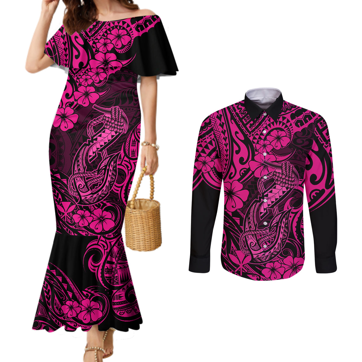 hawaii-fish-hook-couples-matching-mermaid-dress-and-long-sleeve-button-shirts-hibiscus-hawaii-tribal-tattoo-pink-version