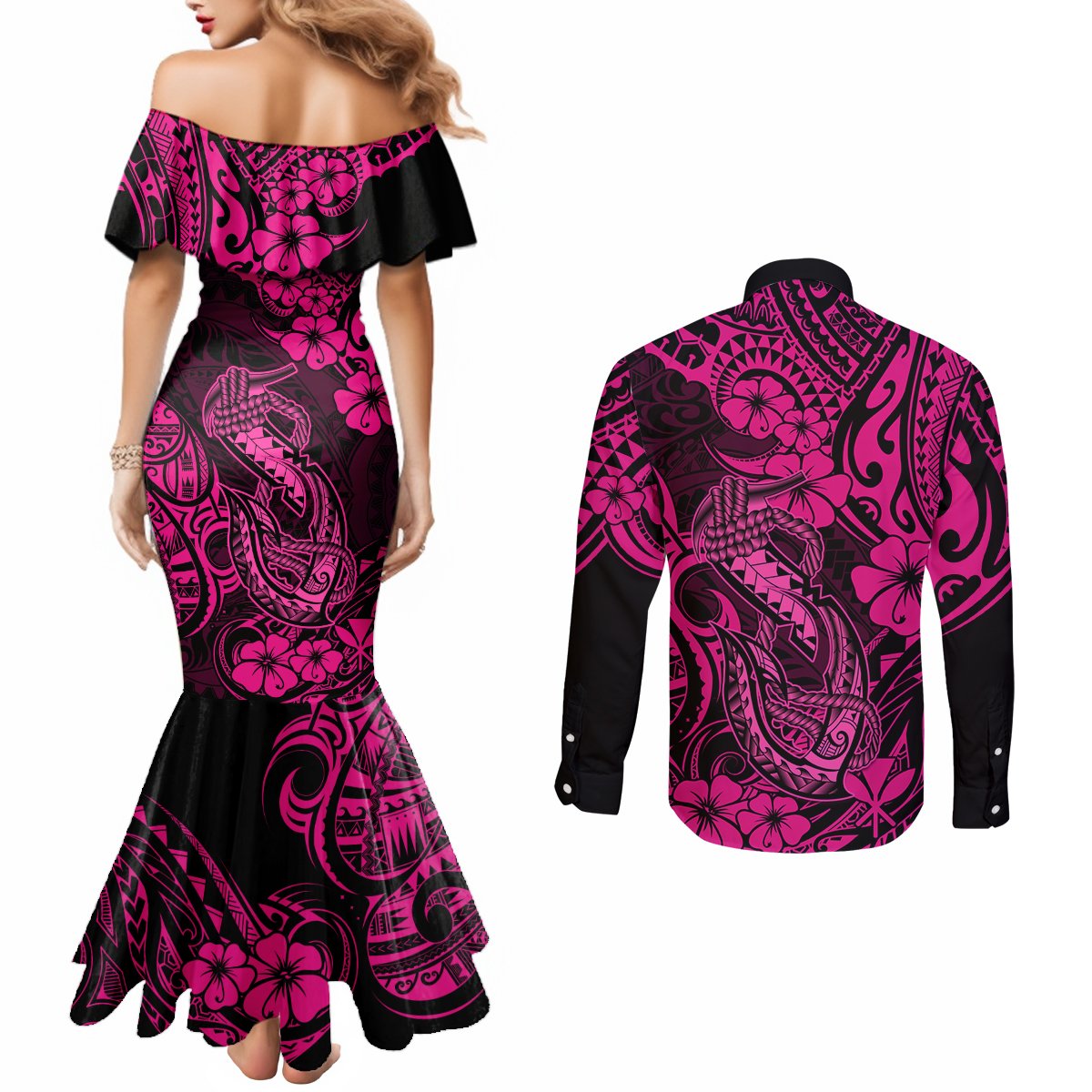 hawaii-fish-hook-couples-matching-mermaid-dress-and-long-sleeve-button-shirts-hibiscus-hawaii-tribal-tattoo-pink-version